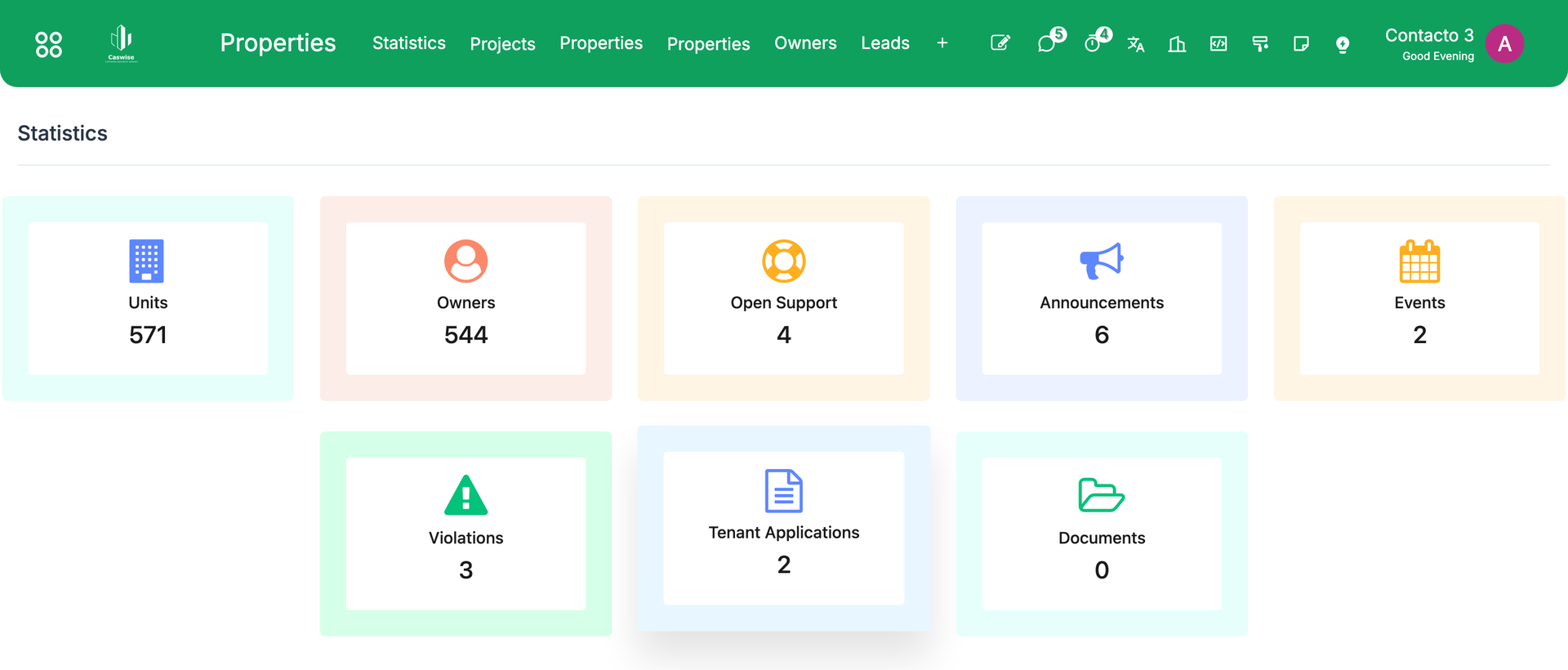 CasWise association dashboard with property statistics