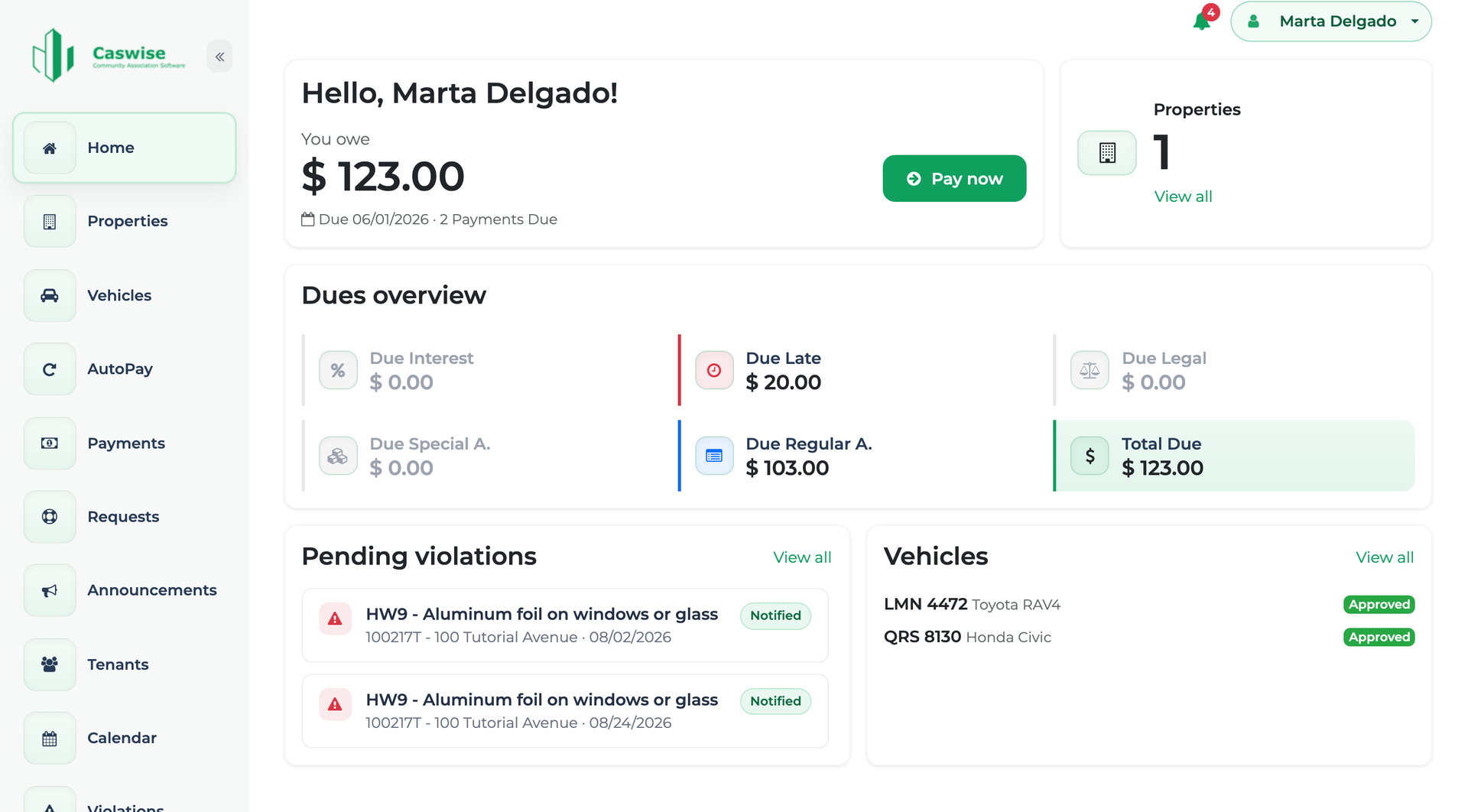 The CasWise owner portal home, with balance, violations and vehicles