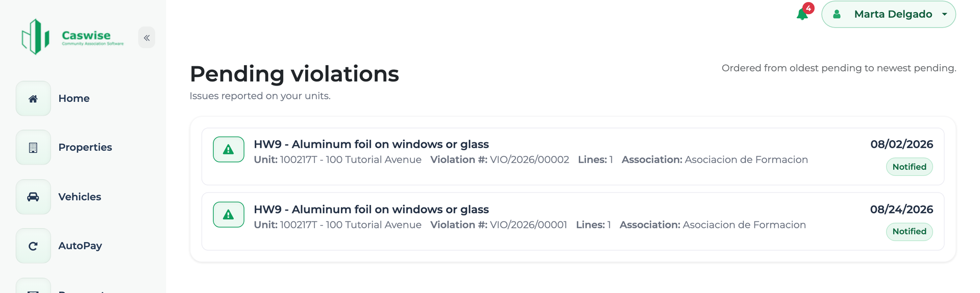 Pending violations as shown to an owner