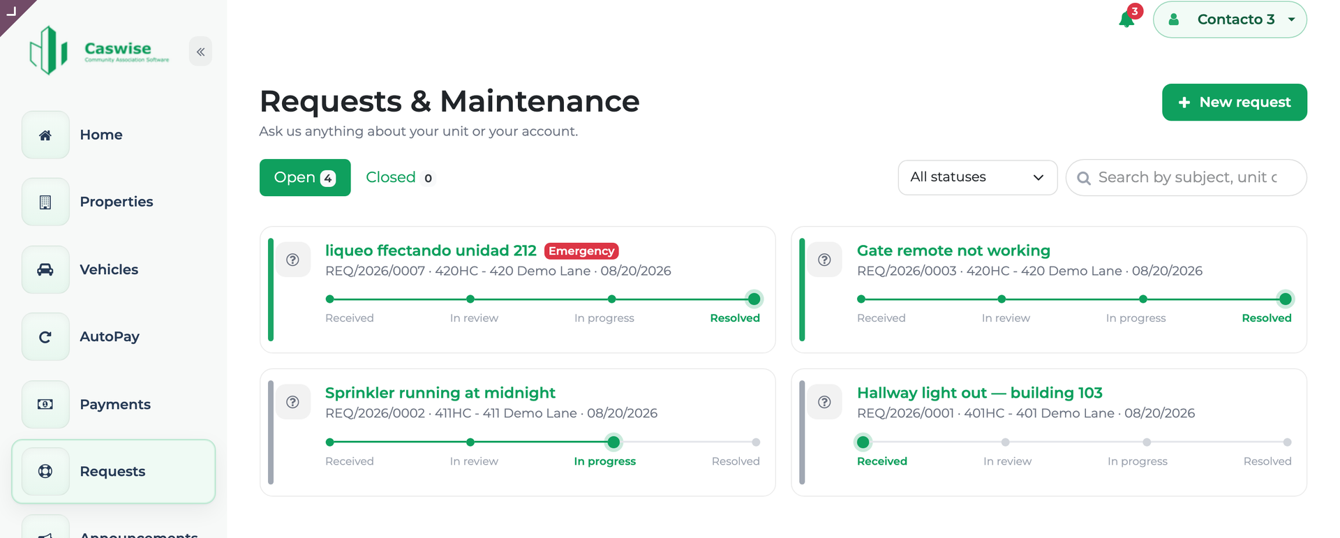 Requests and maintenance list in the CasWise portal