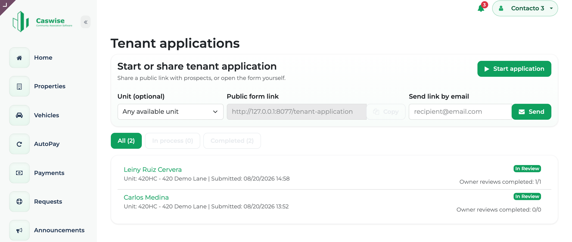 Tenant applications list in the CasWise portal