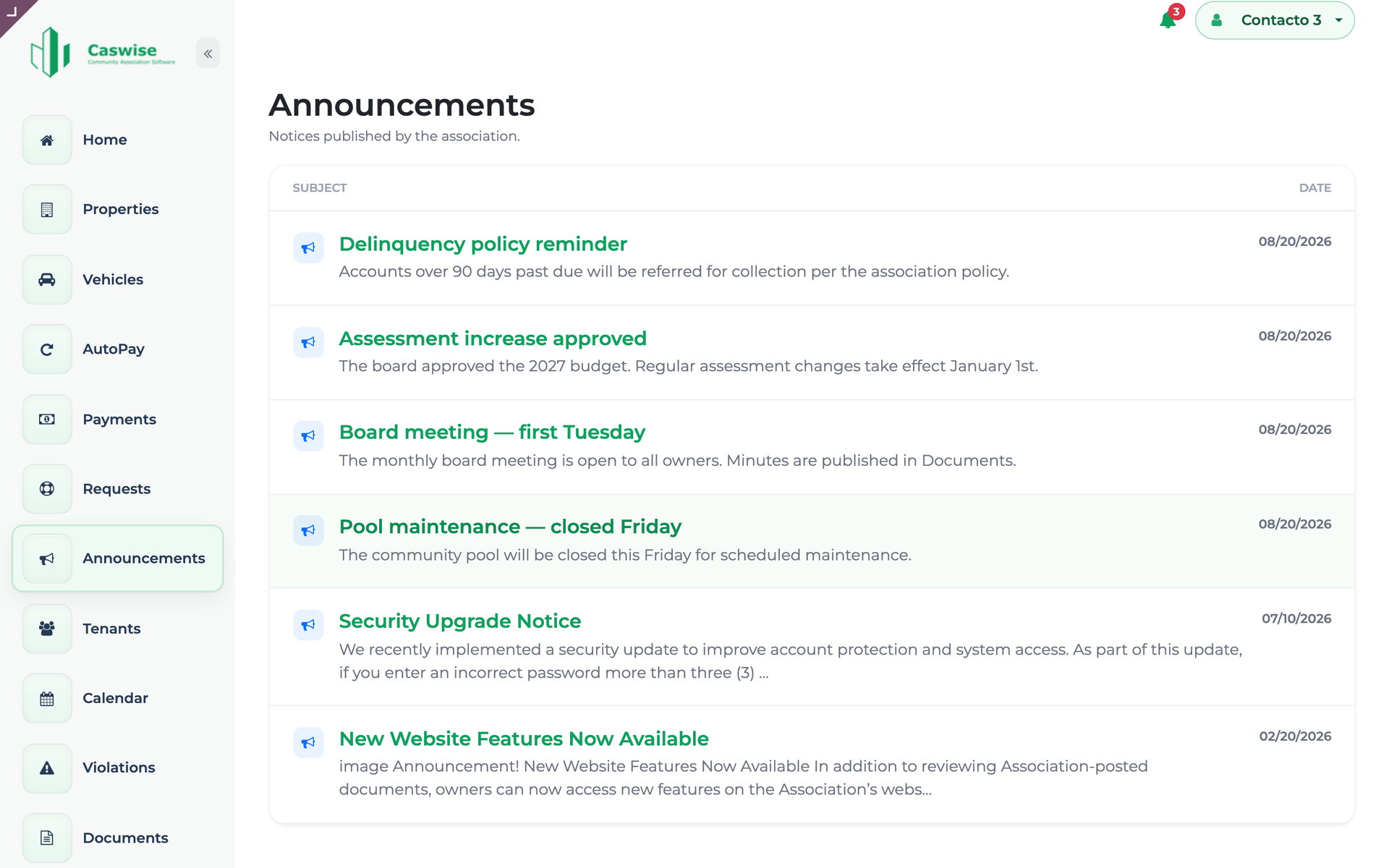 Community announcements published in the portal