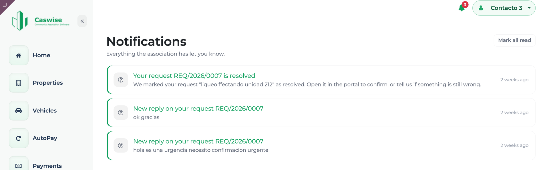 Notification list in the CasWise portal